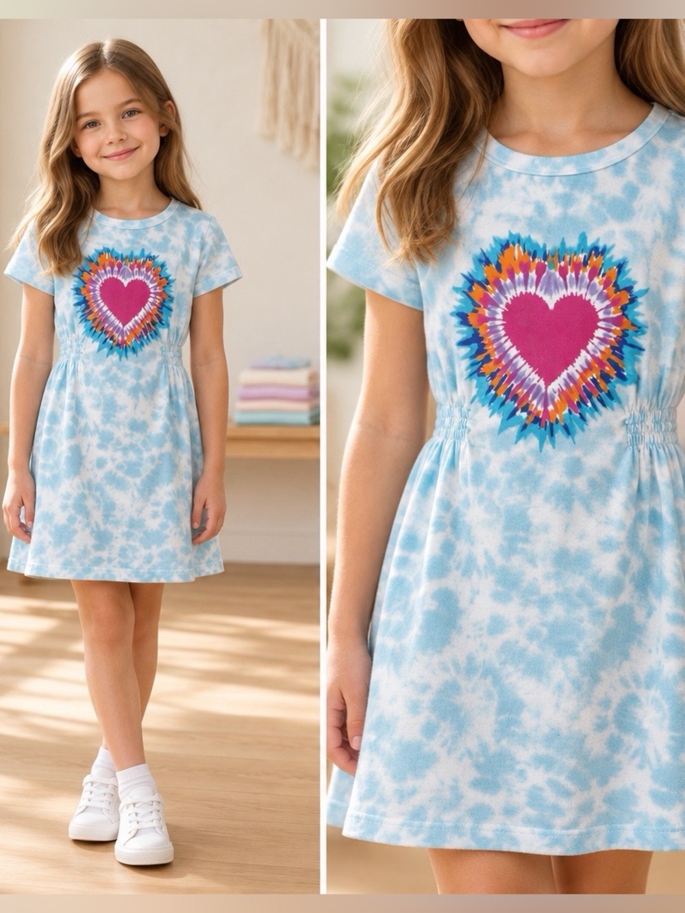 Andy & Evan Girls 6X Blue Tie Dye Heart Graphic Short Sleeve Dress
